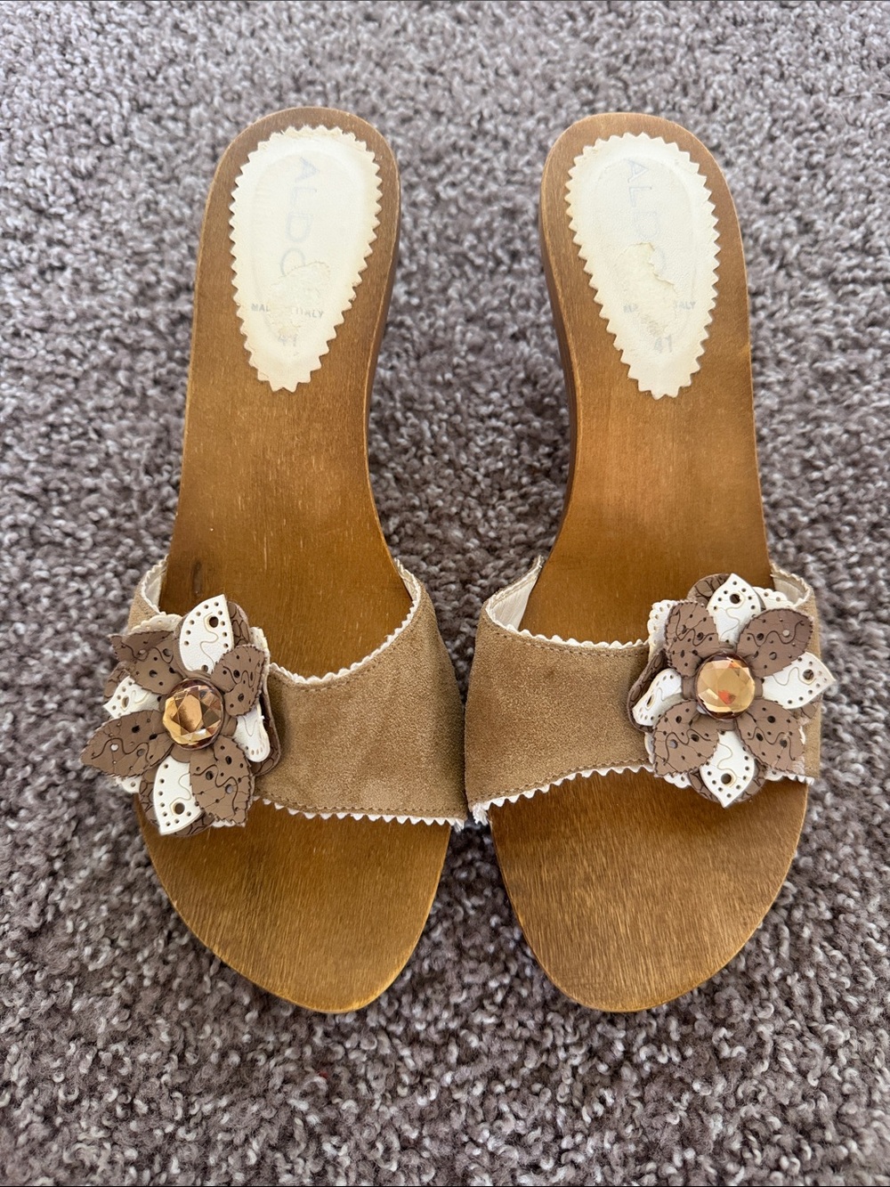Aldo Brown Suede Floral Gem Slip-On Mules